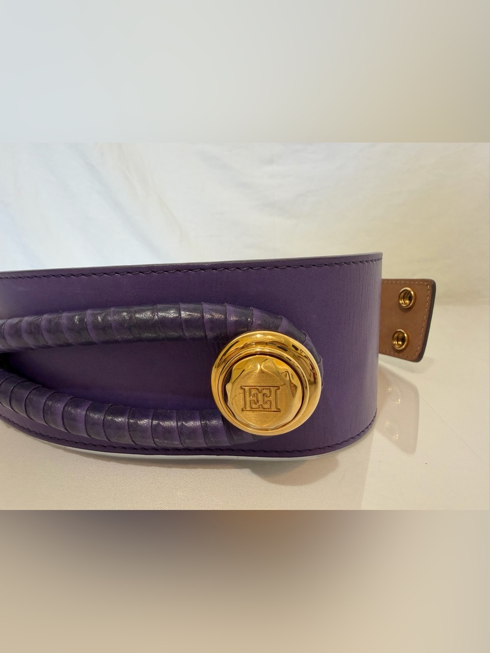 Escada Vintage Purple Leather Wide Belt Gold Hardware Made in Italy Size Large - Picture 3 of 12